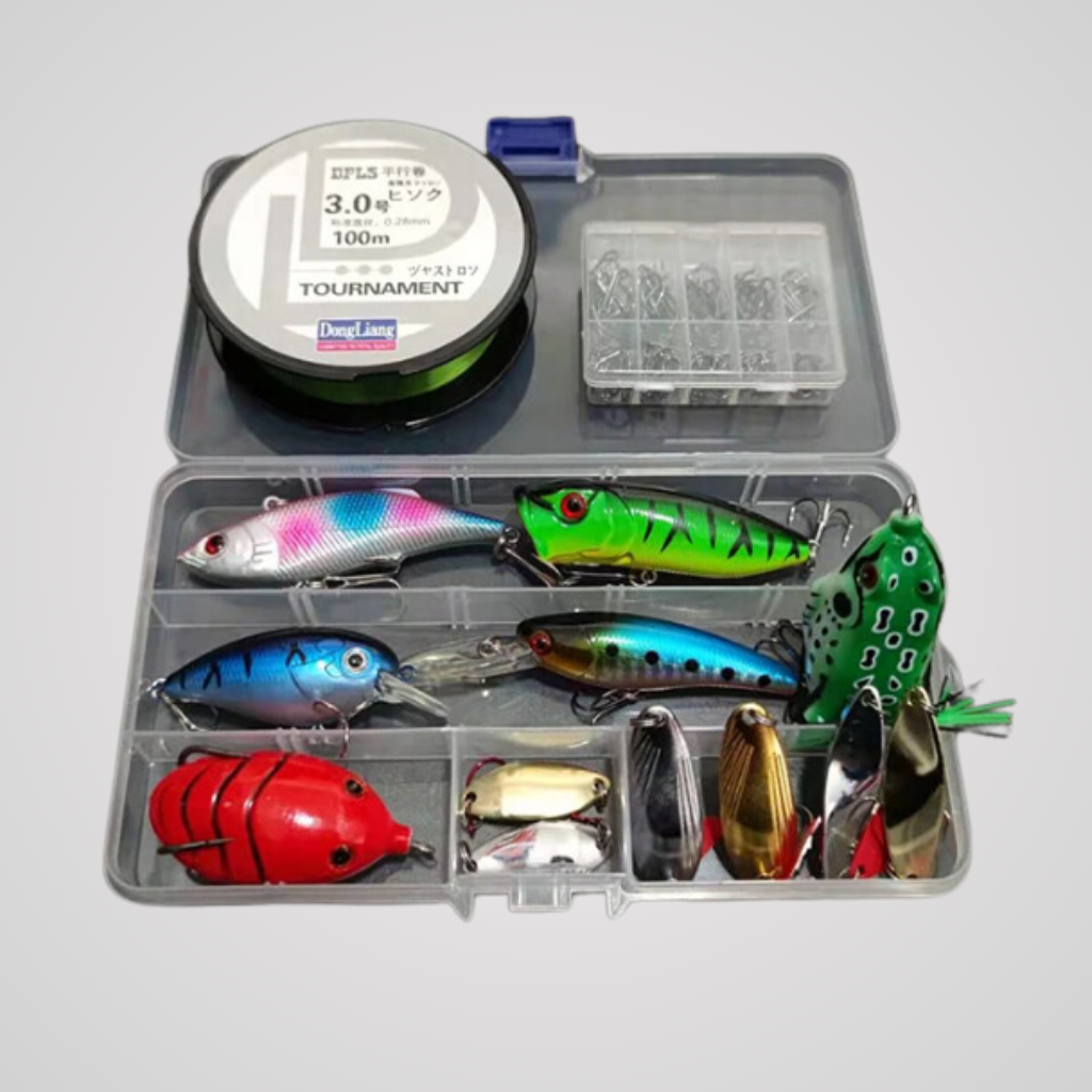 Kit de Pesca (Linha, Anzol, Iscas Artificiais, Alicate e Grip)