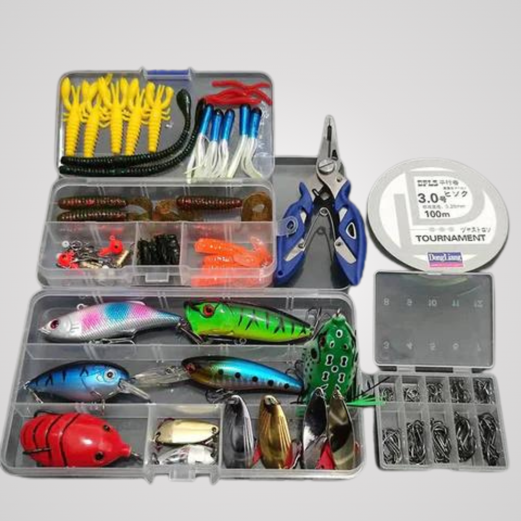 Kit de Pesca (Linha, Anzol, Iscas Artificiais, Alicate e Grip)