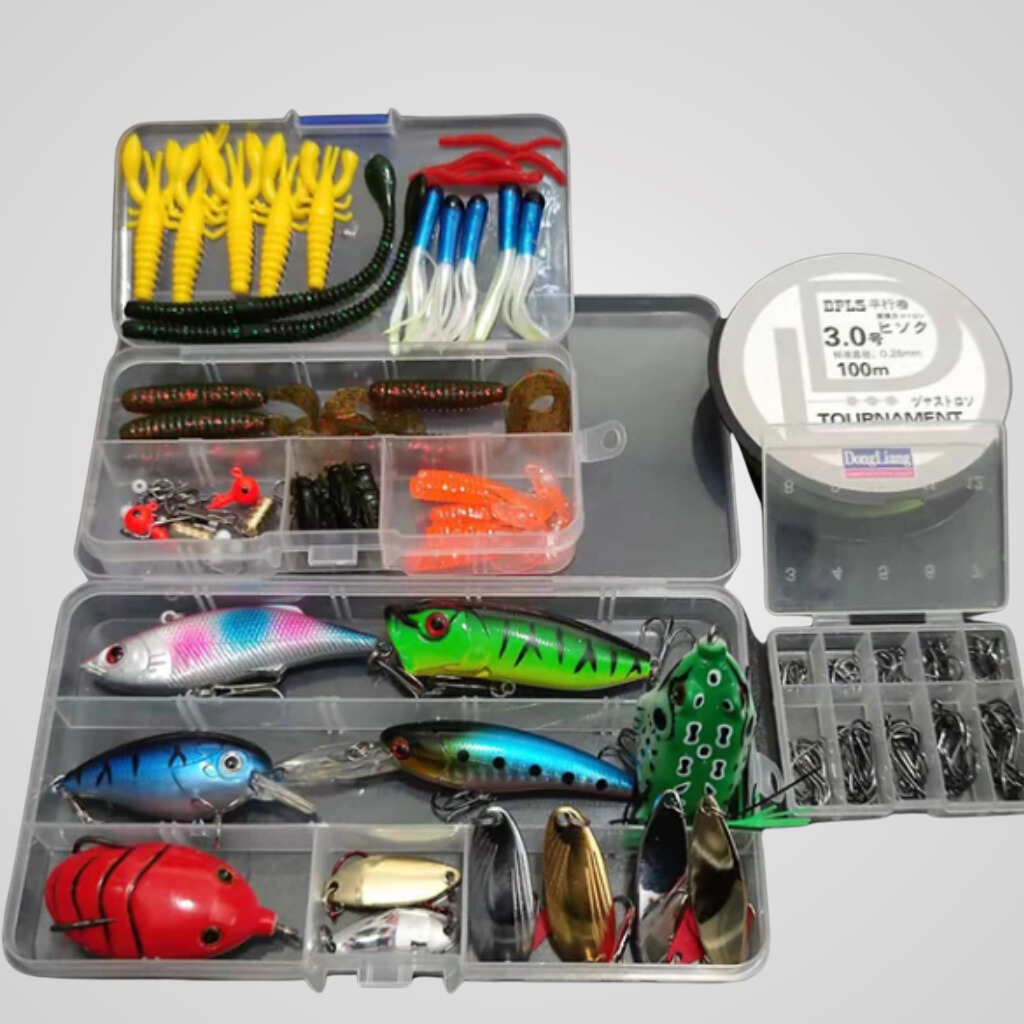 Kit de Pesca (Linha, Anzol, Iscas Artificiais, Alicate e Grip)